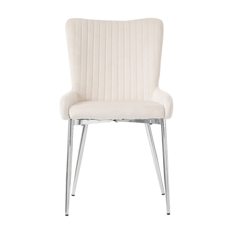 Samt-Esszimmerstuhl, 2er-Set, Lounge-Stuhl mit vier Silberne Metallstützbeinen, Lendenwirbelstütze, Beige