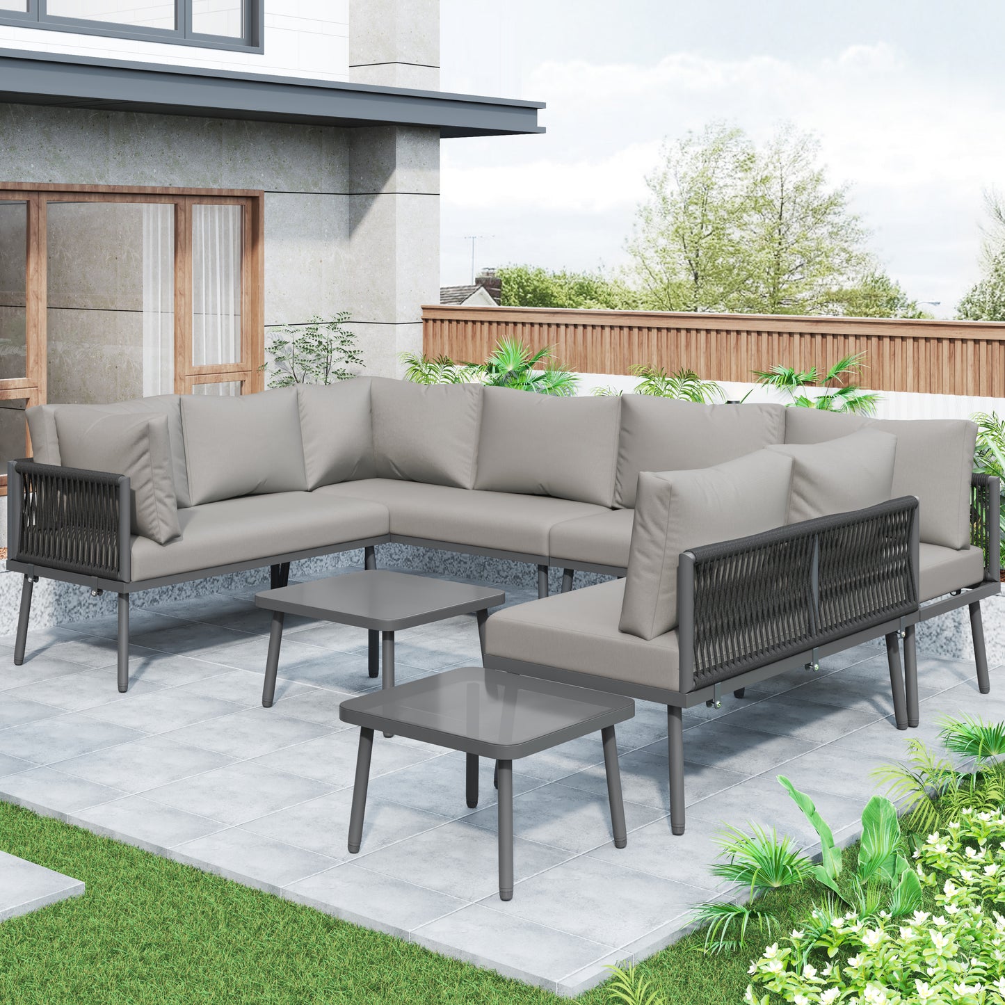 Eisen Garten Loungesessel Set, U-förmiges Gartenmöbel Set, balkon möbel, Wetterfestes Outdoor Ecksofa, terassenmöbel außen, für 8 Personen, mit 2 Tischen und 4 Zweisitzer-Sofas, Kissen inklusive, vers