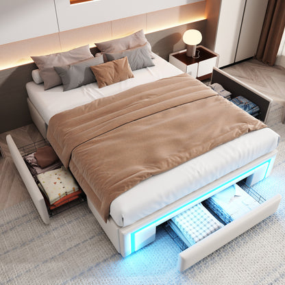 Bettgestell 180X200 mit Schubladen, PU-Leder Bett ohne Kopfteil Mit LED-Lichtleiste, MetalllattenPlattformbett für moderne Schlafzimmer Beige