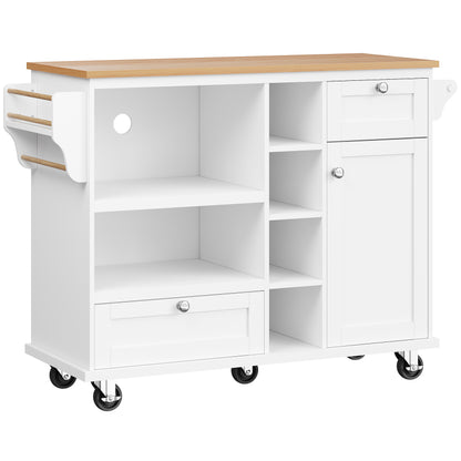 Esszimmerwagen (129 x 46 x 92 cm), modernes minimalistisches Weiß, mobiler Küchen-Esswagen mit Schubladen und Lagerschränken, hellbraune Holzarbeitsplatte, passend für moderne Wohnungen