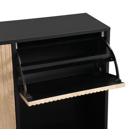 Schuhschrank mit Schuhwechselhocker, dreifach klappbarem Schuhregal und offenem Stauraum, geeignet für Flure, Schwarz + Holzfarbe