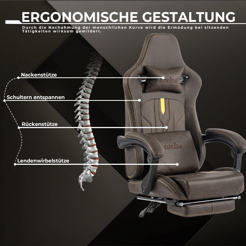 Gaming Stuhl Computerstuhl Ergonomischer Gaming Chair mit Fußstütze Bürostuhl Ergonomischer Computerstuhl mit Lendenwirbelstütze Braun