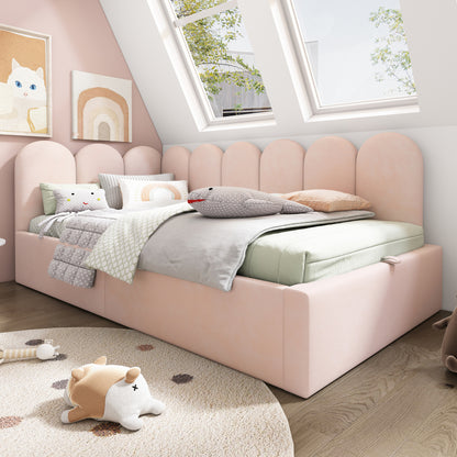 Polsterbett Daybett,Tagesbett Schlafsofa mit hydraulischem Stauraum, Kinderbett mit Metall-Lattenrost, Samt, Rosa, ohne Matratze