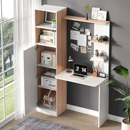 Arbeitstisch/Schreibtisch mit Aufbewahrung – Weiß mit Stabholzkontrast, unterer Schrank mit Türen und oberes offenes Regal, Büro-Design