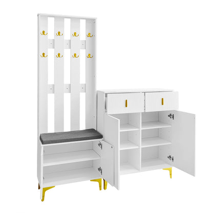 Garderoben-Set mit Schuhschrank & Sitzbank, Wellenfront, Push-to-Open, goldene Details, Weiß