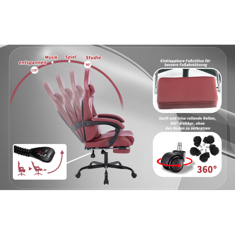 Gaming Stuhl Computerstuhl Ergonomischer Gaming Chair mit Fußstütze Bürostuhl Ergonomischer Computerstuhl mit Lendenwirbelstütze Rot