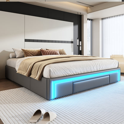Bettgestell 180X200 mit Schubladen, PU-Leder Bett ohne Kopfteil Mit LED-Lichtleiste, MetalllattenPlattformbett für moderne Schlafzimmer Grau