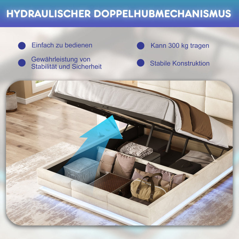 140 x 200cm Bettgestell aus weichem Samt mit USB Type C Ladefunktion und LED Beleuchtung, Hydrauliksystem Stauraum Bettgestell aus Samtmaterial Jugendbett mit Lattenrost, Beige
