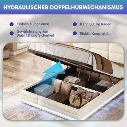 140 x 200cm Bettgestell aus weichem Samt mit USB Type C Ladefunktion und LED Beleuchtung, Hydrauliksystem Stauraum Bettgestell aus Samtmaterial Jugendbett mit Lattenrost, Beige