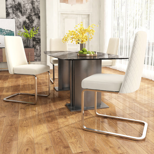 Samt-Esszimmerstuhl, 4er-Set, Diamant-Rücken-Design, mit silbernen Metall-Stützbeinen, Beige