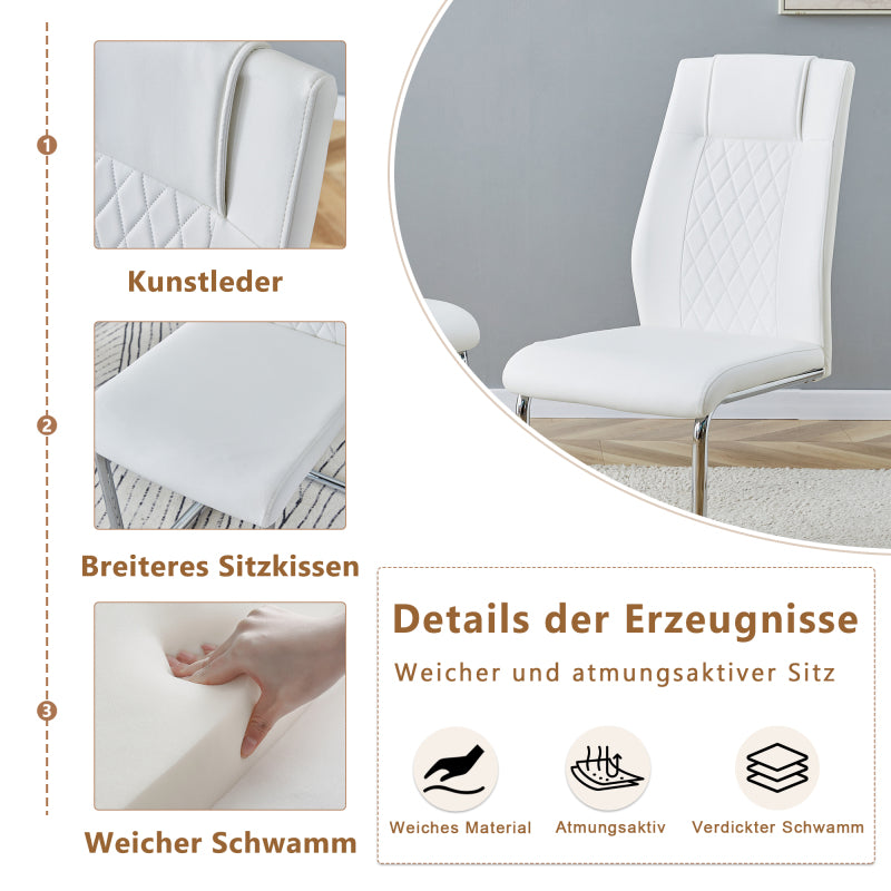 Nordischer Stil weißer PU Stuhl (vier Säcke in einem Paket) - Rückenlehne mit diamantförmigem Gitternähtdesign, glänzende silberne Metallbeine