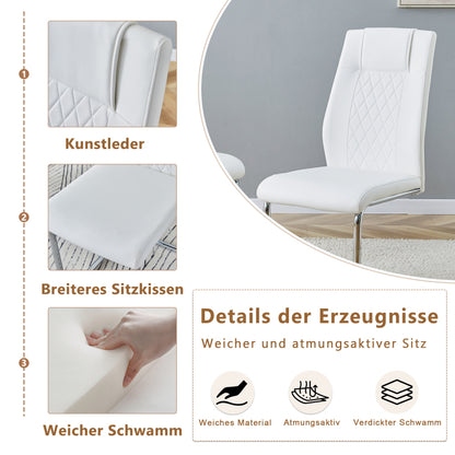Nordischer Stil weißer PU Stuhl (vier Säcke in einem Paket) - Rückenlehne mit diamantförmigem Gitternähtdesign, glänzende silberne Metallbeine