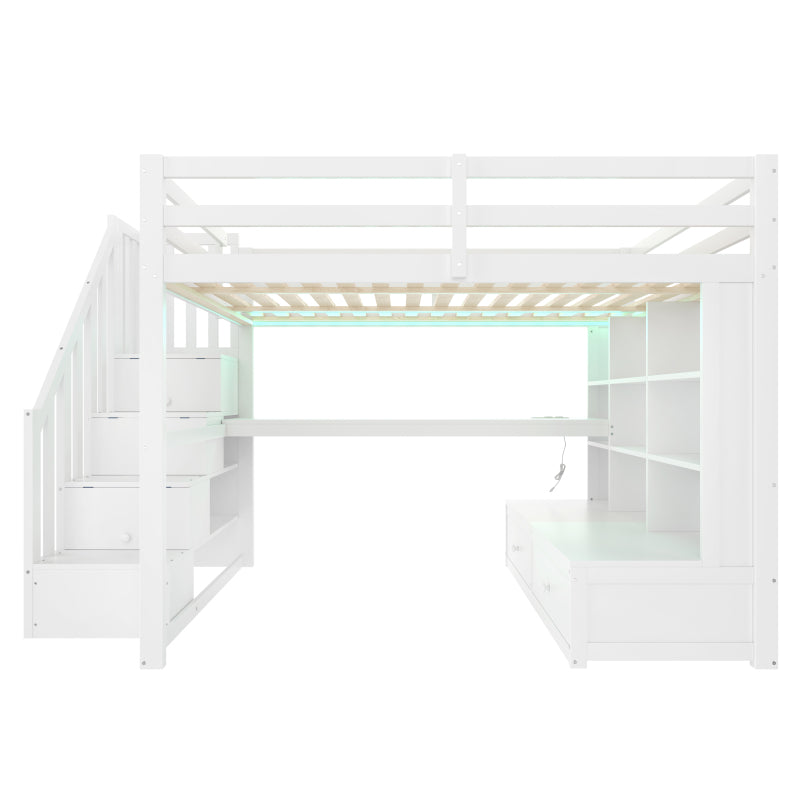 140x200 Hochbett mit Schreibtisch und Regalen, zwei integrierten Schubladen, Stauraumtreppe, weiß