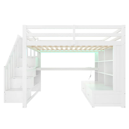 140x200 Hochbett mit Schreibtisch und Regalen, zwei integrierten Schubladen, Stauraumtreppe, weiß