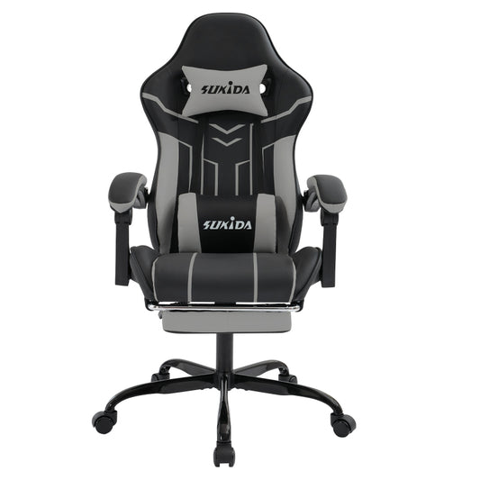 Gaming Stuhl Computerstuhl Ergonomischer Gaming Chair mit Fußstütze Bürostuhl Ergonomischer Computerstuhl mit Lendenwirbelstütze BlackGrey