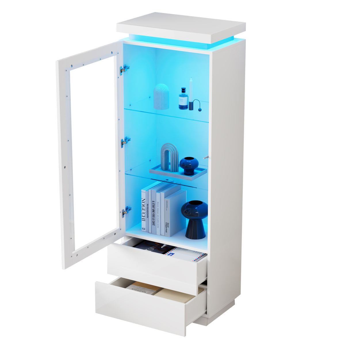 Weiß Hochglanz Vitrine 60x40x171cm mit App-LED & 2 Schubladen, Glasvitrine Hochschrank mit Acryltür, Standregal Wohnzimmerschrank