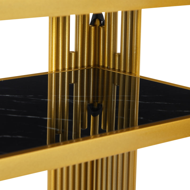 Mid-Century Modern Wohnzimmer Beistelltisch, Konsolentisch, Schwarzer Korpus mit goldenen Beinen, Doppelschicht MDF, Belastbarkeit bis 40 kg