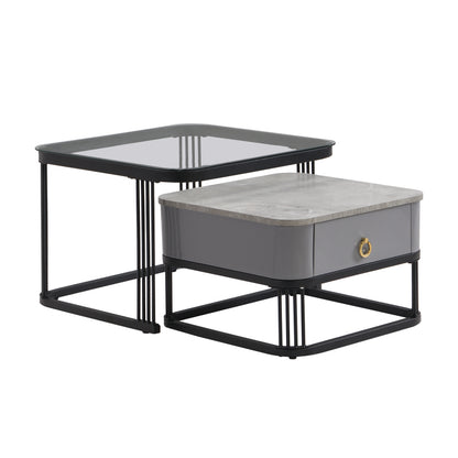 Stapelbarer Couchtisch: hochglänzende Marmoroptik und Glasplatte, schwarze Beine, Beistelltisch mit Schubladen im 2er-Set