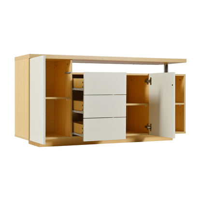 Multifunktionales Sideboard, Länge 140 cm, weiß und Holzimitat - 2 Türen, 3 Schubladen, 2 offene Fächer, mit LED-Beleuchtung