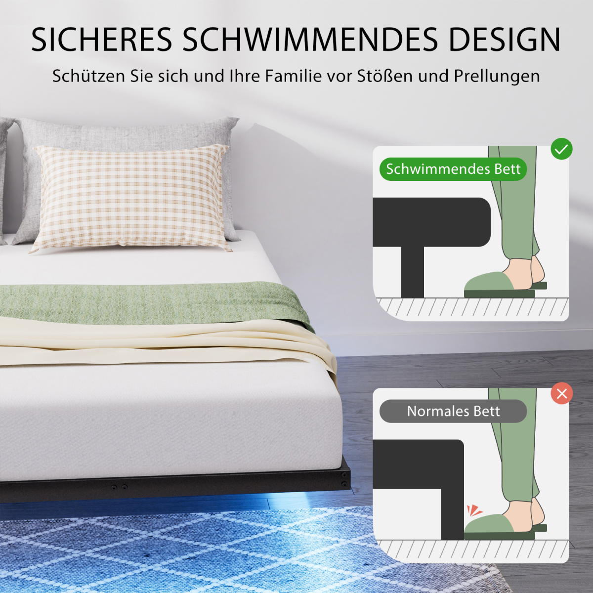 Schwebebett 160x200 Schwarz, Metallbett mit RGB LED (App & Musik Sync), Ladestation (USB/Typ-C), 450kg Traglast