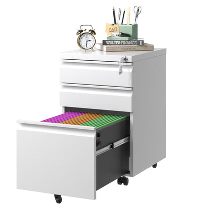 3-Schubladen-Mobil-Aktenkasten mit Schloss - Metall-Ablagekästen für Home Office Organisation – Letter, Legal und A4,Weiß,H60 cm × B37.3 cm × T44 cm.