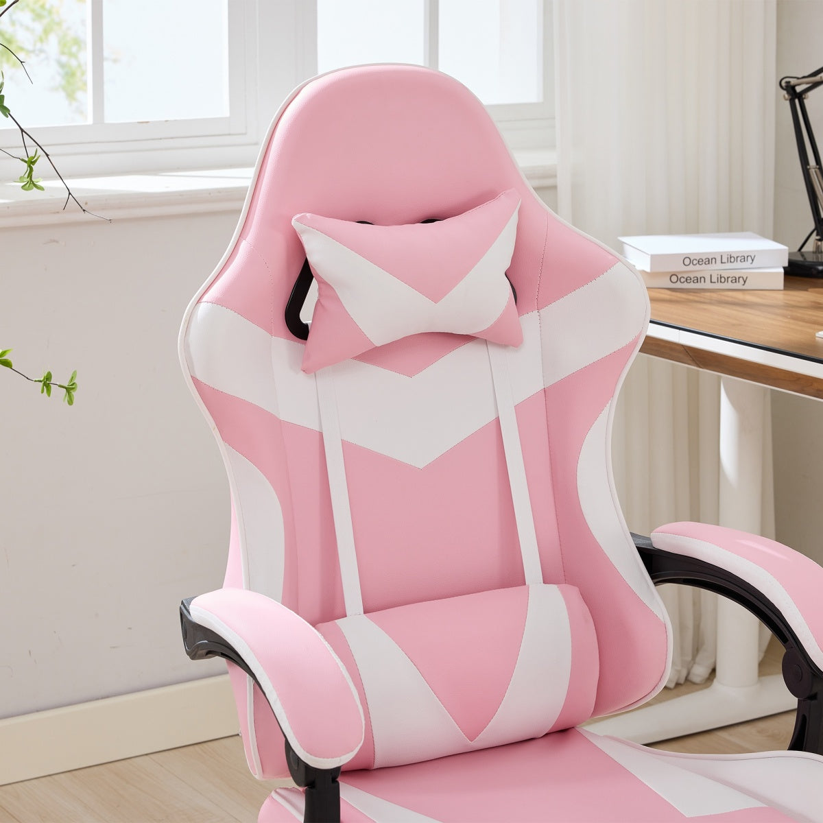 Gaming Stuhl Racing Design, 155° Liegefunktion, Fußstütze, Lendenmassage, Rosa + Weiß