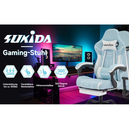 Gaming Stuhl Computerstuhl Ergonomischer Gaming Chair mit Fußstütze Bürostuhl Ergonomischer Computerstuhl mit Lendenwirbelstütze Bluewhite