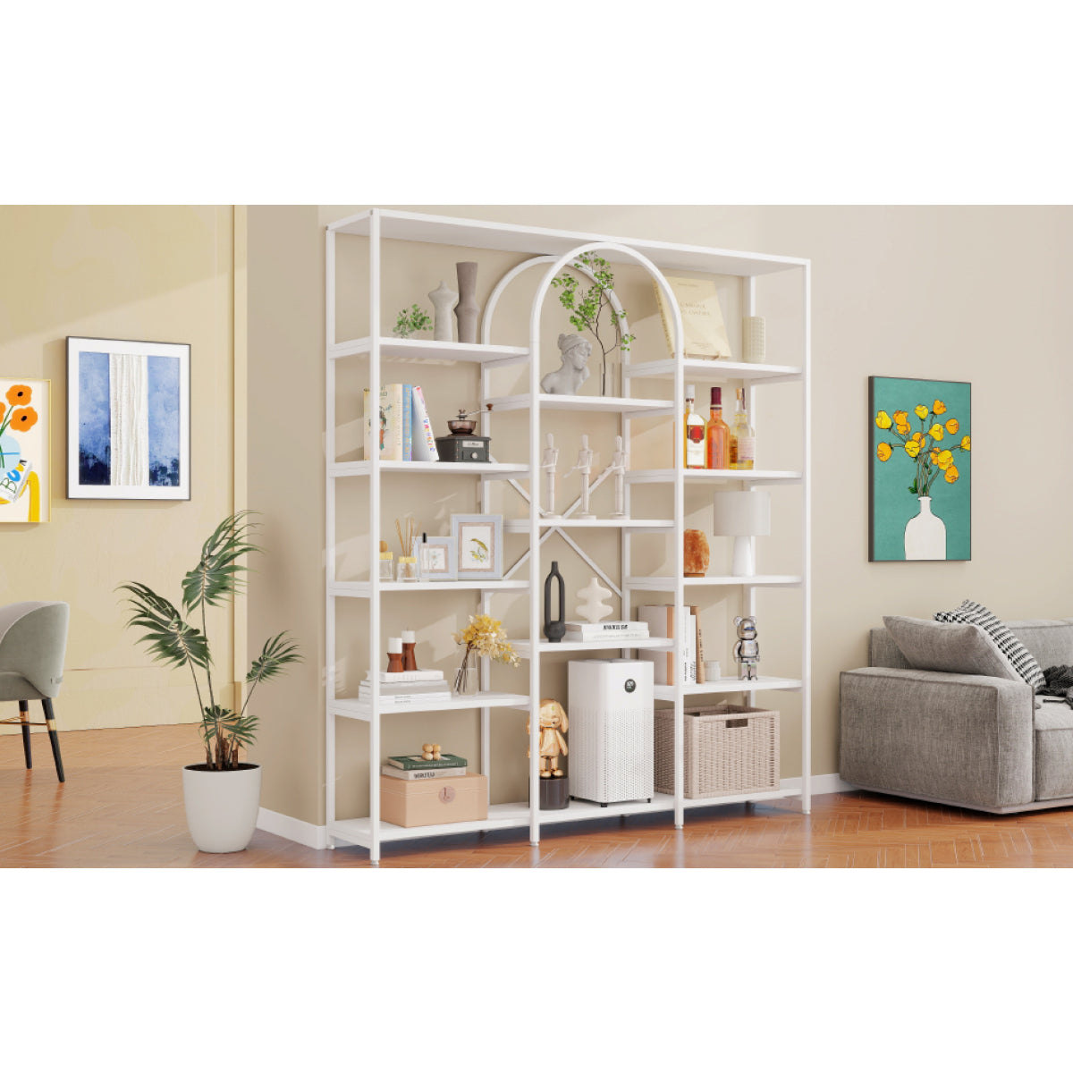 Regal 160x30x180 cm aus Stahl & MDF, modernes Bücherregal mit Bogen-Design, offene Fächer, hoher Stauraum, Weiß