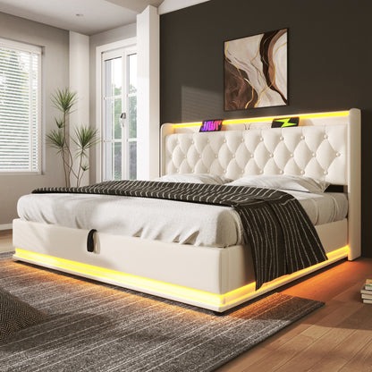 Polsterbett Doppelbett, 360-Surround-LED-Funktion, Drucktaste/App/Fernbedienung, 160*200 cm, weiß PU-Material Hydraulisches Lagerbett, gepolstertes Kopfteil mit USB Typ-C Ladefunktion (Mit Matratze)