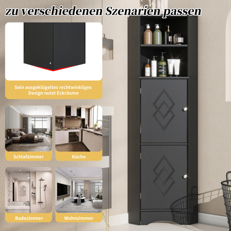 Badschrank, Badmöbel, Eckschrank mit zwei Ablagefächern, offenes Fach mit verstellbarem Einlegeboden, 36.5x 36.5 x 155 cm, schwarz