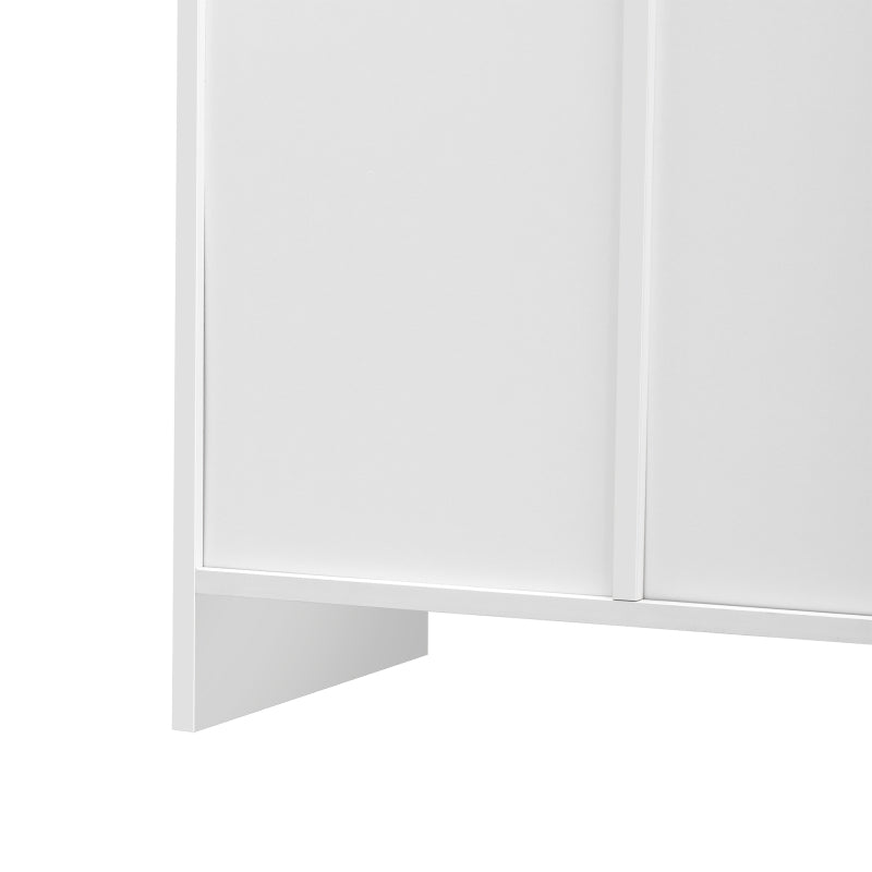 Sideboard mit weißer Holzmaserung, vier Türen, mit zwei Schubladen, Tür mit Glas. Wohnzimmer, Esszimmer. Holzfarbe und Weiß