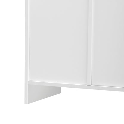 Sideboard mit weißer Holzmaserung, vier Türen, mit zwei Schubladen, Tür mit Glas. Wohnzimmer, Esszimmer. Holzfarbe und Weiß