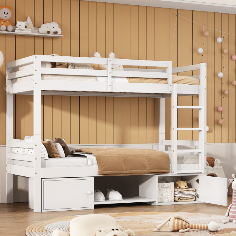 Etagenbett für Kinder, Kinderbett mit Schuhregale und Schließfächer, Bett aufgeteilt in 2 Einzelbetten, Jugendbett, Einzelbett, Weiß, 90x200cm.