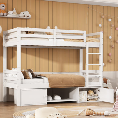 Etagenbett für Kinder, Kinderbett mit Schuhregale und Schließfächer, Bett aufgeteilt in 2 Einzelbetten, Jugendbett, Einzelbett, Weiß, 90x200cm.