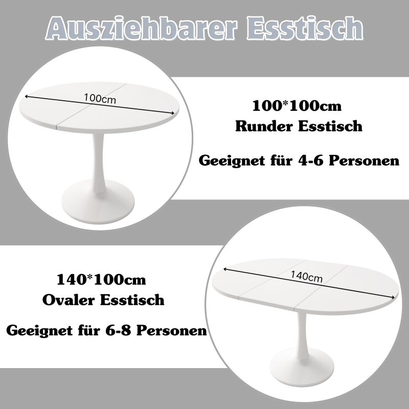 Ausziehbarer Esstisch, ovaler Esstisch, Länge 100/140 x Breite 100 x Höhe 75 cm,  weiß