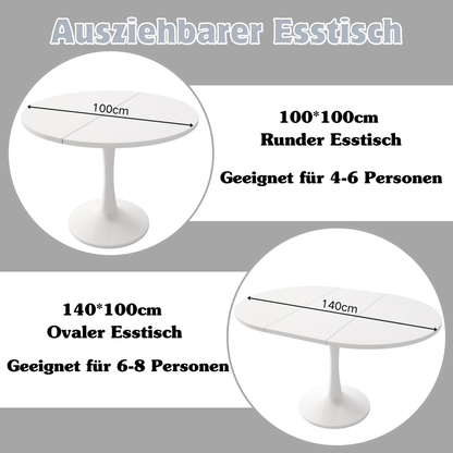 Ausziehbarer Esstisch, ovaler Esstisch, Länge 100/140 x Breite 100 x Höhe 75 cm,  weiß
