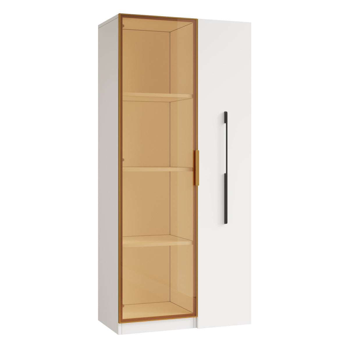 Vitrine 70x40x160cm mit LED-Beleuchtung & Seitenauszug - Weißer Glasschrank mit bernsteinfarbenem Glas, Gold-Akzenten & Rollen