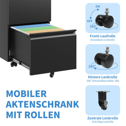 3-Schubladen-Mobil-Aktenkasten mit Schloss - Metall-Ablagekästen für Home Office Organisation – Letter, Legal und A4,Schwarz,H60 cm × B37.3 cm × T44 cm.
