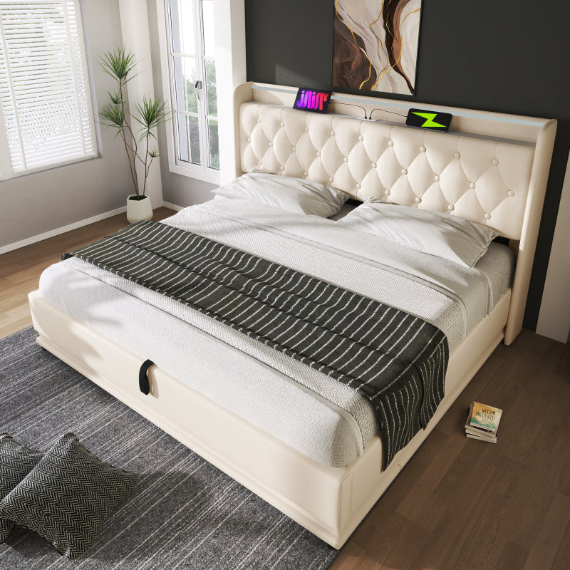 Polsterbett Doppelbett, 360-Surround-LED-Funktion, Drucktaste/App/Fernbedienung, 160*200 cm, weiß PU-Material Hydraulisches Lagerbett, gepolstertes Kopfteil mit USB Typ-C Ladefunktion (Mit Matratze)