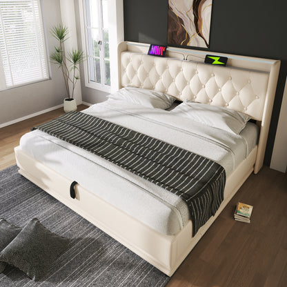 Polsterbett Doppelbett, 360-Surround-LED-Funktion, Drucktaste/App/Fernbedienung, 160*200 cm, weiß PU-Material Hydraulisches Lagerbett, gepolstertes Kopfteil mit USB Typ-C Ladefunktion (Mit Matratze)