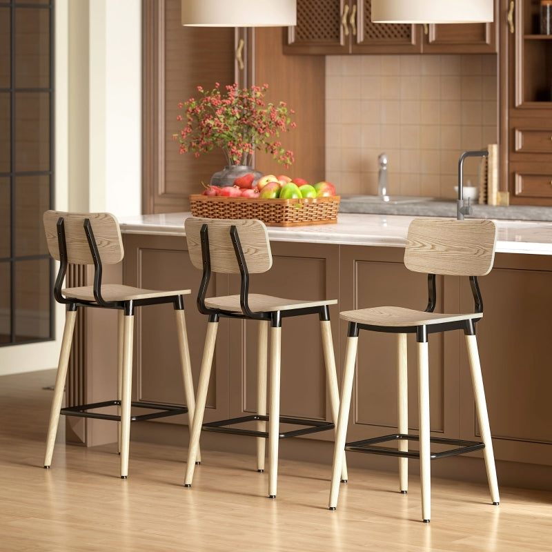Barhocker 2er Set Barstuhl Tresenhocker mit Rückenlehne und Fußstütze, Küchenstühle mit Stahlbeine, Natur