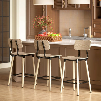 Barhocker 2er Set Barstuhl Tresenhocker mit Rückenlehne und Fußstütze, Küchenstühle mit Stahlbeine, Natur