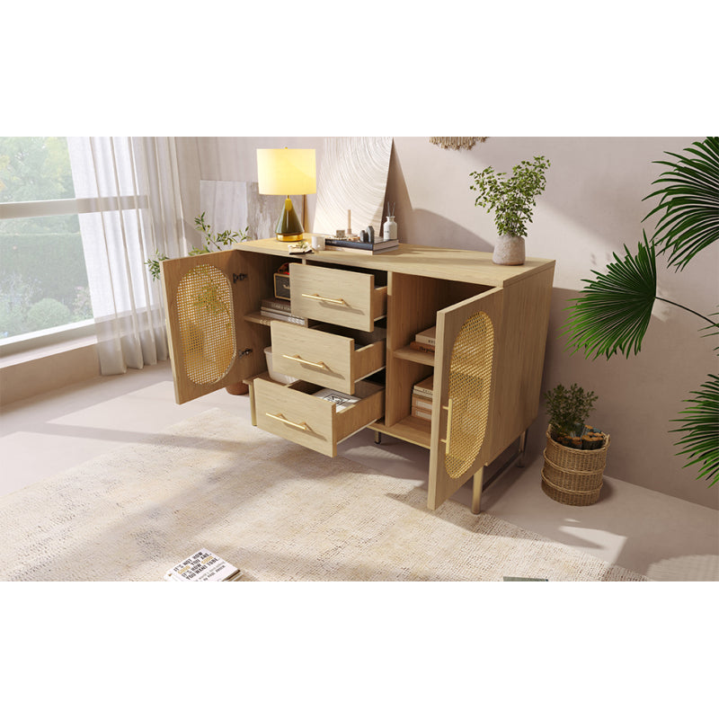 Rattan kommode mit 3-Schubladen und 2-Rattan-Türer,kommode schrank, Schminktisch, für Schlafzimmer und Wohnzimmer, Verstellbare Regale, Kippschutz, 120 x 40 x 74 cm, Sonoma Eiche