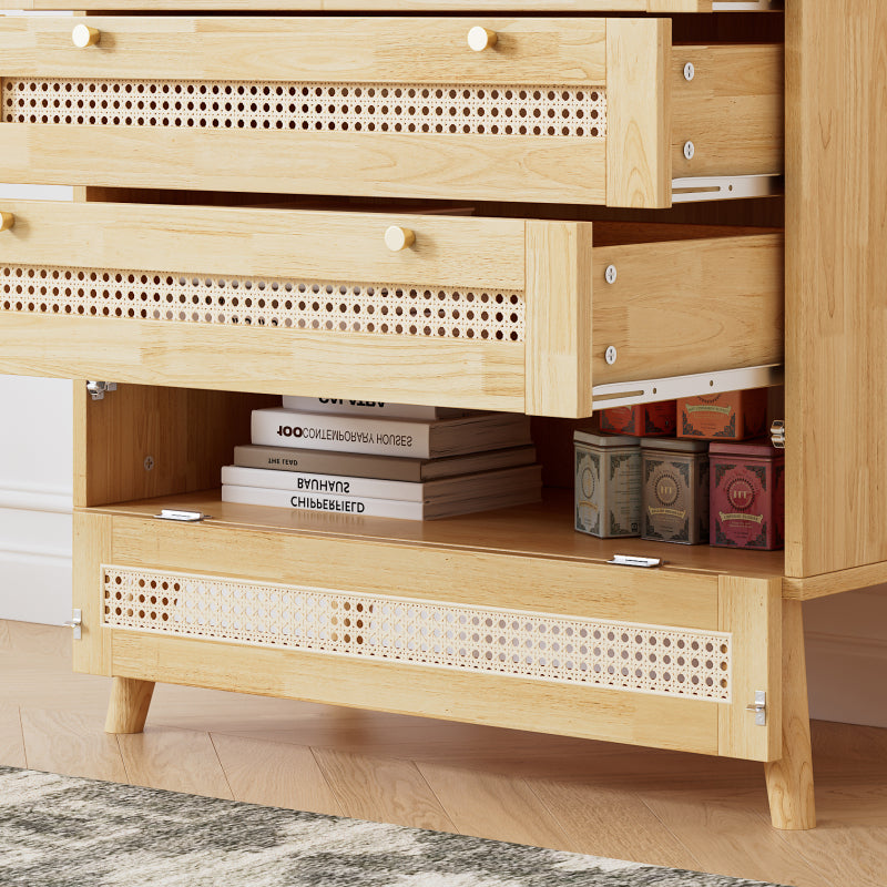 Klassische Kommode, Schrank mit 3 Schubladen, mit Rattan-Schubladenplatte, mit unterem Flip-Top-Deckel, mit goldfarbenem Metallgriff und Holzbeine, Stauraum im Wohnzimmer und Schlafzimmer, Spanplatten