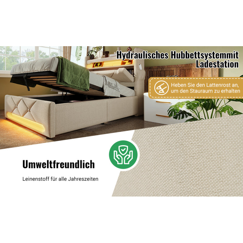 Polsterbett Einzelbett 90*200, Stauraum Kopfteil mit USB und Typ C-Port ,360-Surround-LED-Funktion rund um Kopf- und Fußende des, Betten mit Hydraulisch Stauraum, Beige , Leinen(Ohne Matratze)
