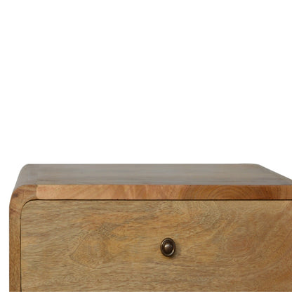 Nachttisch aus massivem Mangoholz – Oak-ish Finish, Curved Design, 2 Schubladen, Handgefertigt, Skandinavischer Stil, 45x35x55 cm