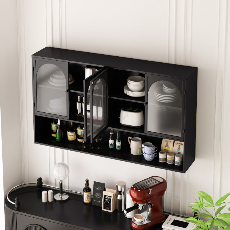 120CM Four-door Glass Wall Cabinet Storage, Wall-mounted,Suitable for Kitchen, Living Room, Bathroom(Black)