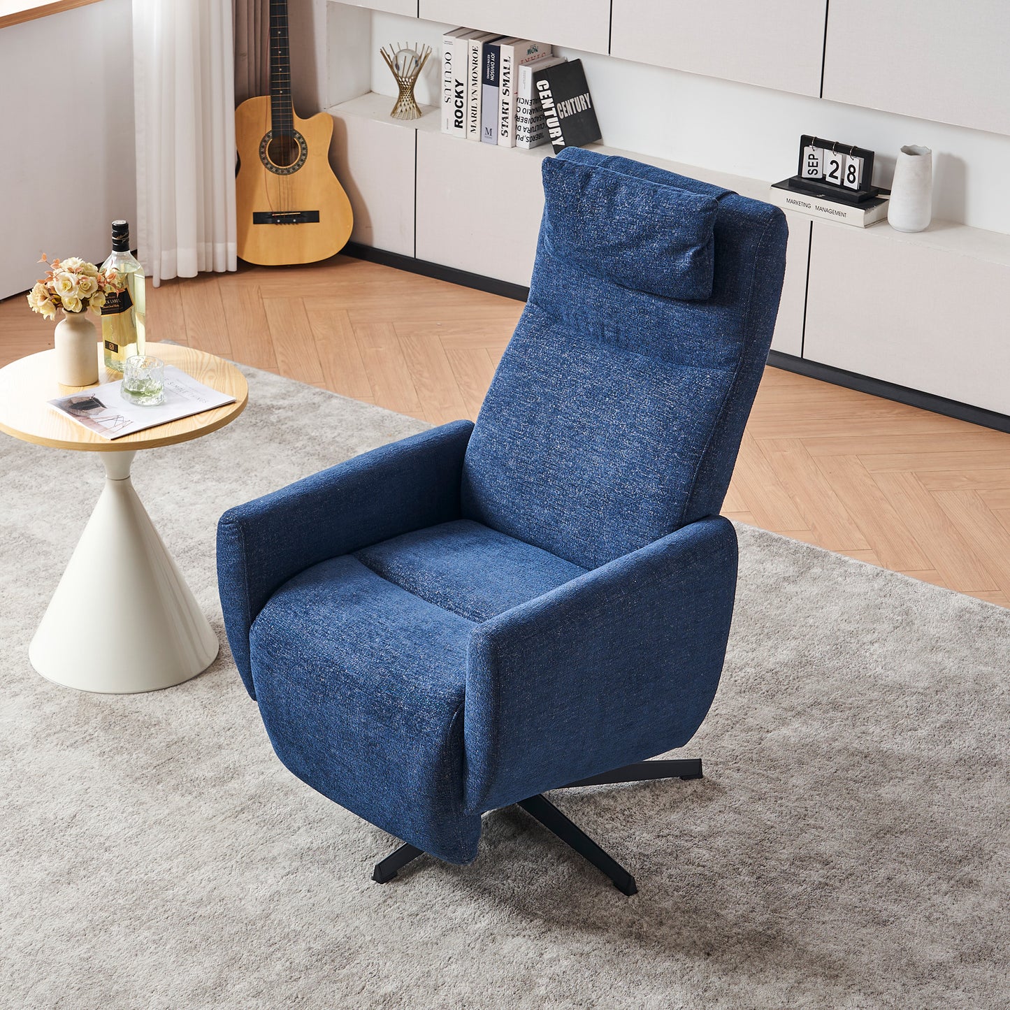 Bequemer Relaxsessel mit Liegefunktion – Chenille Fernsehsessel mit Fußstütze, drehbarer Stillsessel & Loungesessel für Wohnzimmer, modernes Sofa, Blau
