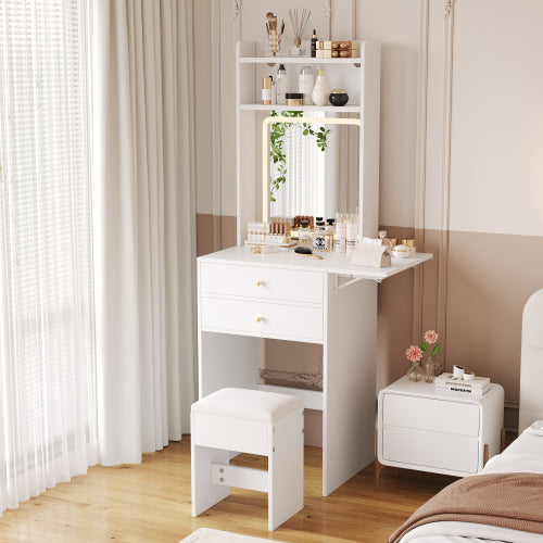 Schminktisch mit klappbarer Tischplatte, Frisiertisch Weiß 75cm, LED Spiegel (dimmbar, 3 Farben) & Stauraum