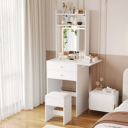 Schminktisch mit klappbarer Tischplatte, Frisiertisch Weiß 75cm, LED Spiegel (dimmbar, 3 Farben) & Stauraum
